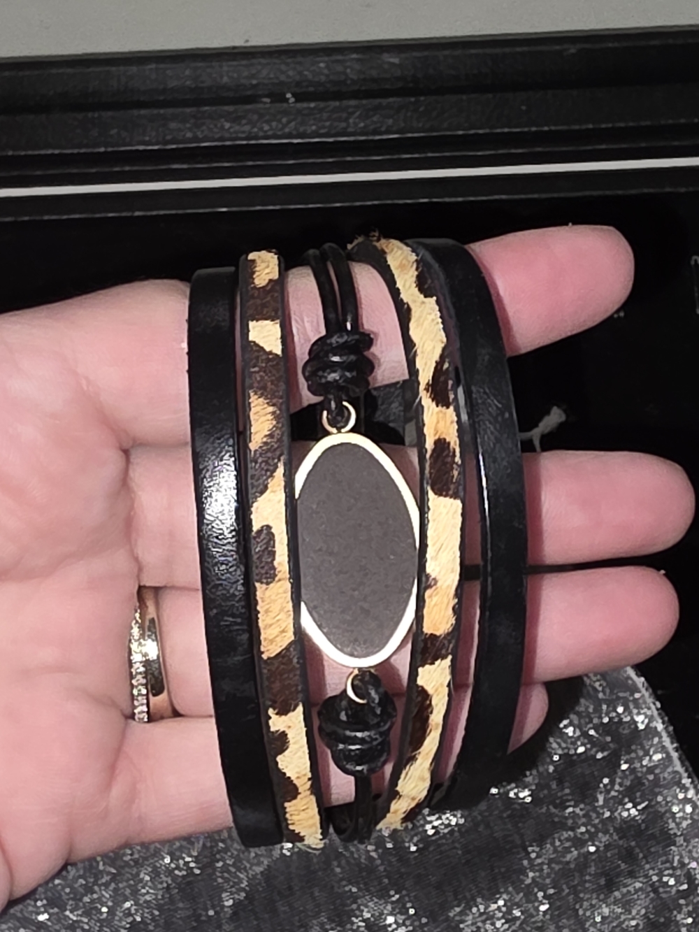 SAACHI Black and Leopard Multi-Strand Leather Wrap Magnetic Bracelet